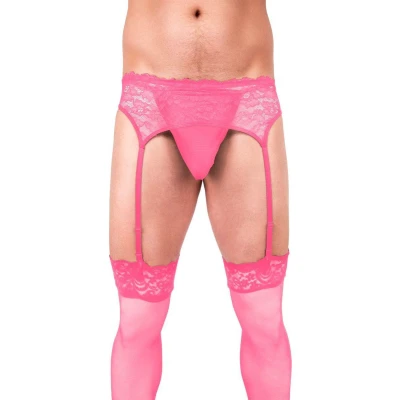 Komplet z Pasem do Pończoch Prowler, Różowy, Koronkowy, XL, Regulowane Paski, dla Mężczyzn