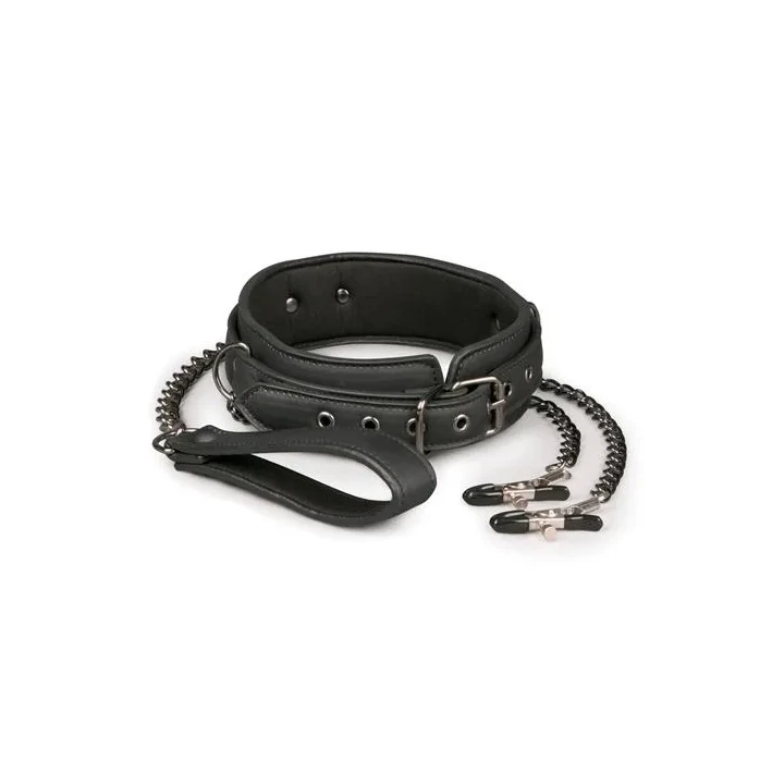 Wiązania - Skórzany Kołnierz z Metalowymi Łańcuchami, Regulowany, Czarny