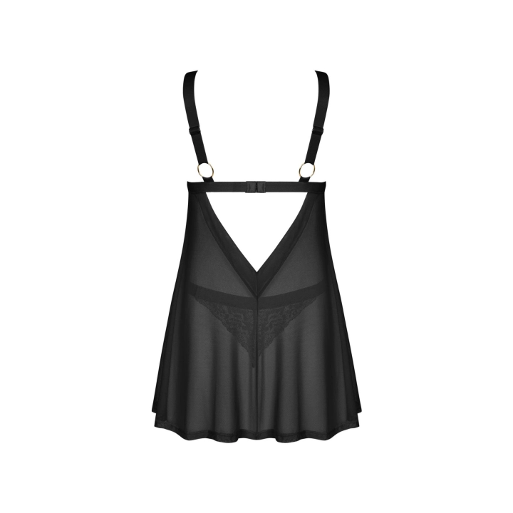 Babydoll OBSESSIVE – babydoll czarne, koronka, ozdobny metalowy łącznik serce