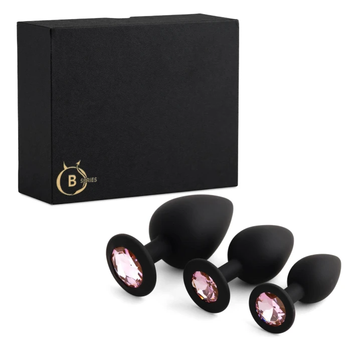 Korek analny – Zestaw Jewellery Silicone PLUG Black, silikon, 3 rozmiary, kryształ rose