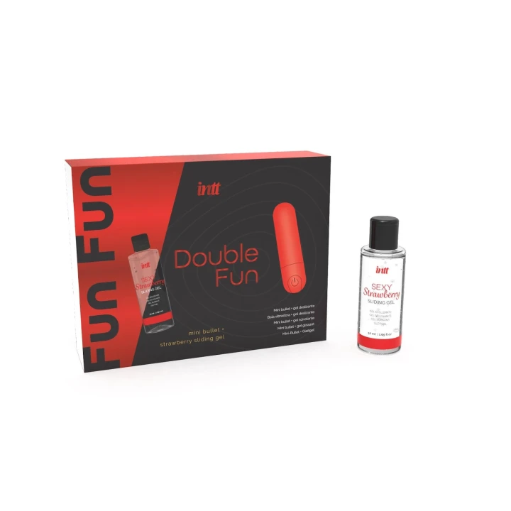 Wibrator mini – Zestaw DOUBLE FUN, USB, 10 funkcji wibracji, żel truskawkowy 50 ml
