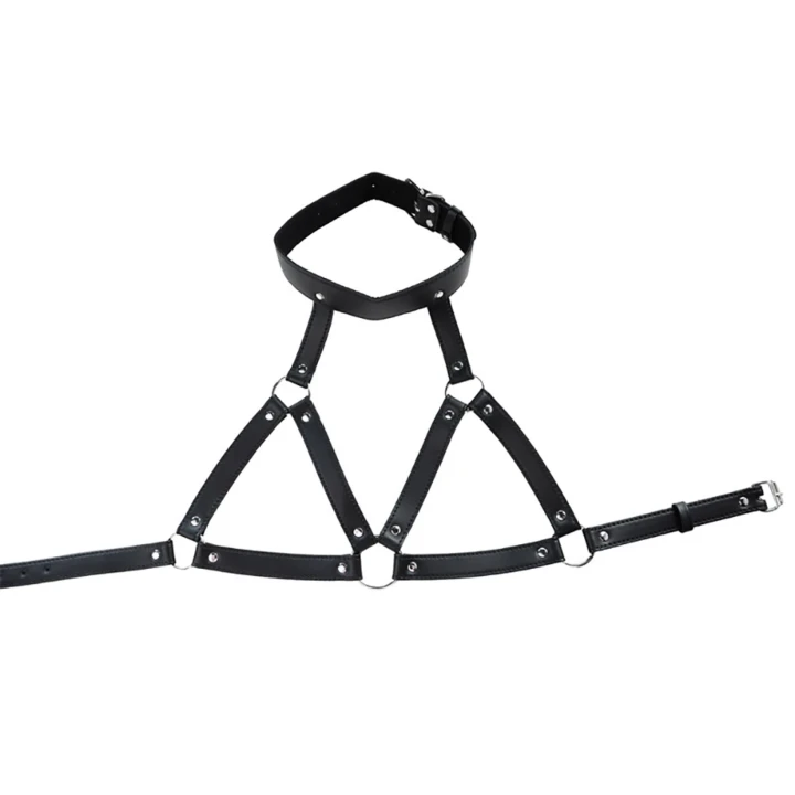 Regulowany harness na szyję i klatkę piersiową, skóra PU, metal, stylowy design