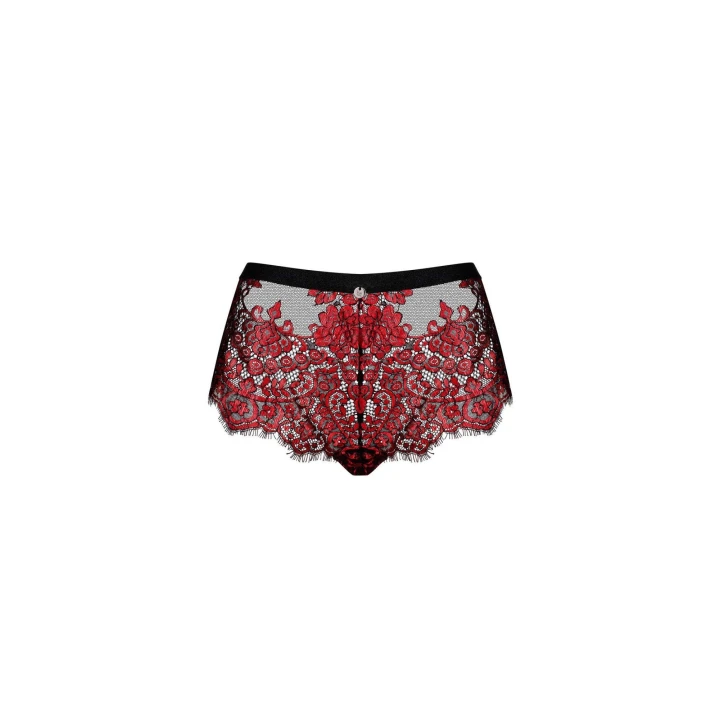 Szorty Bielizna Redessia OBSESSIVE, czerwona koronka, prześwitujący materiał, kokardka