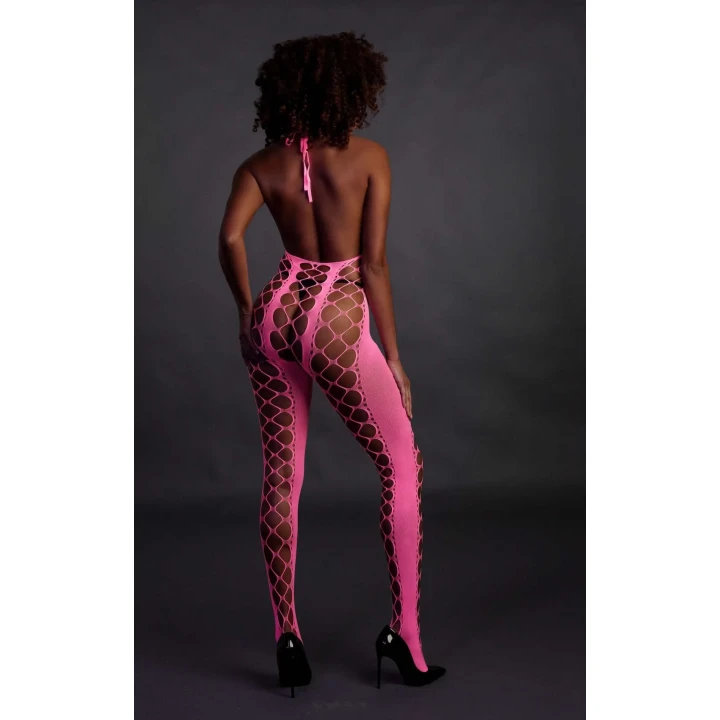 Bodystocking - Neonowa Linia - Halternack, Aktywowane UV, Różowy, XS/XL
