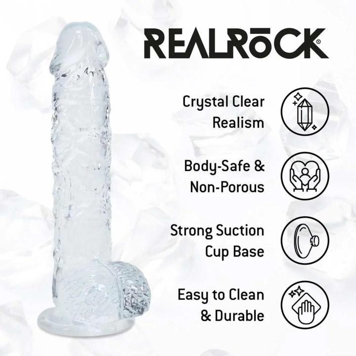 Realistyczny dildo z jądrami – REALROCK Crystal Clear, przezroczyste, 12,7 cm, przyssawka