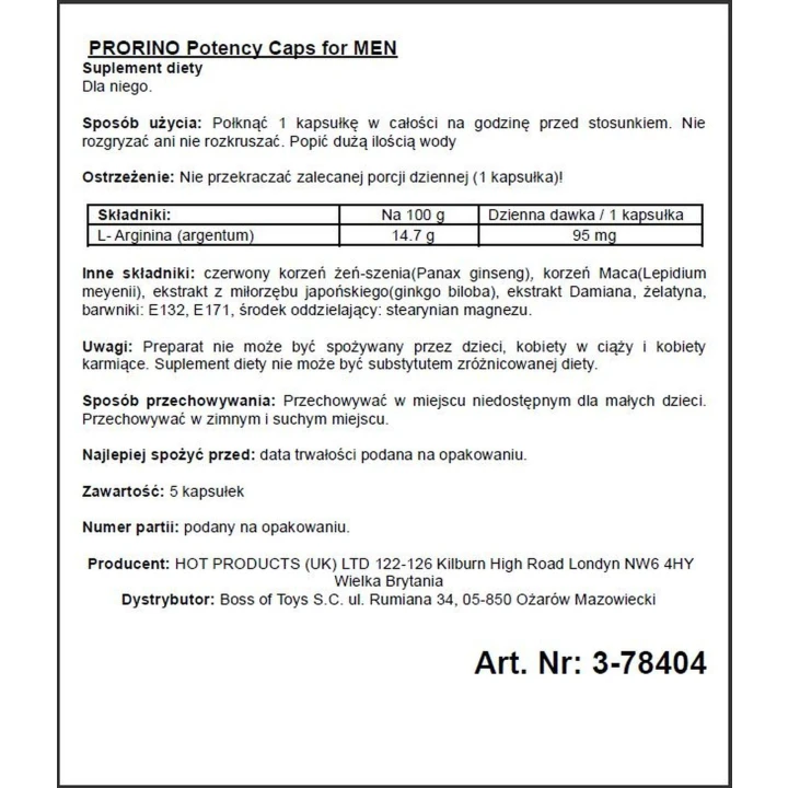 Suplement diety PRORINO Men - 5 kapsułek, L-arginina, żeń-szeń, potencji