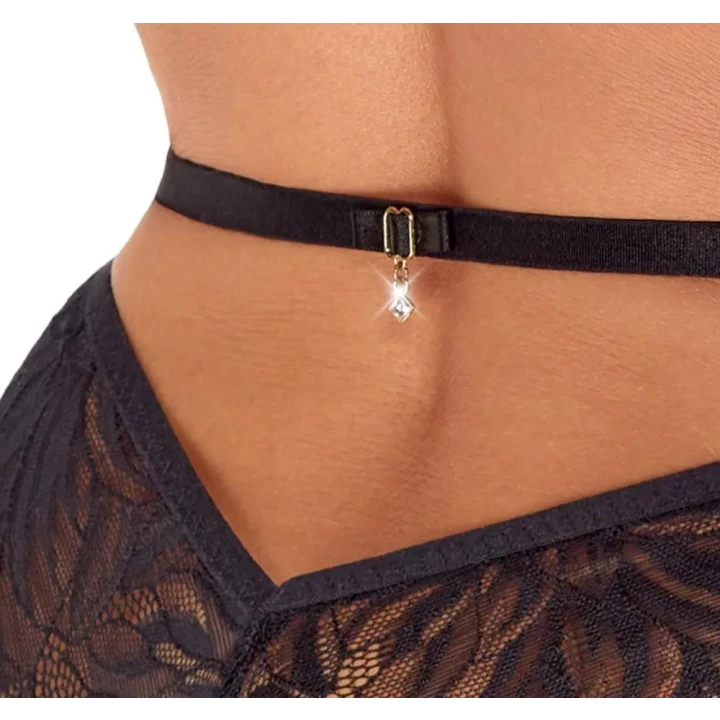 Body koronkowe Kissable L/XL — czarne, elastyczna koronka, ozdoby z kokardą i kamieniem