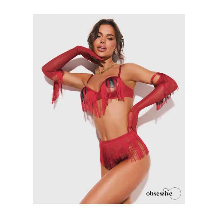 Komplet bielizny OBSESSIVE — otwarty biustonosz, crotchless, pas w talii (czerwony)