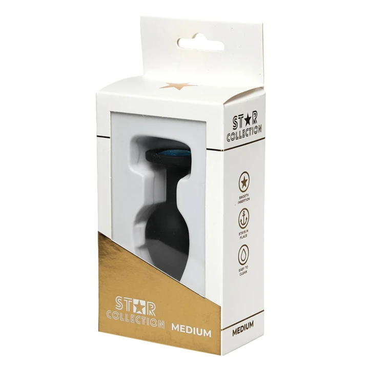 Korek analny M – Star Collection, czarny z jasnoniebieskim kamieniem, 3,5 x 8,5 cm