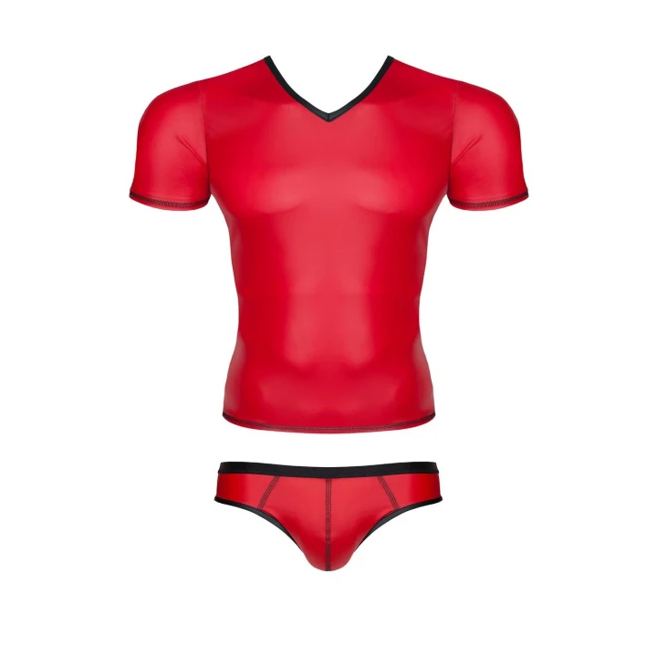 Komplet wetlook męski REGNES FETISH PLANET, t-shirt w serek, figi brazylijskie