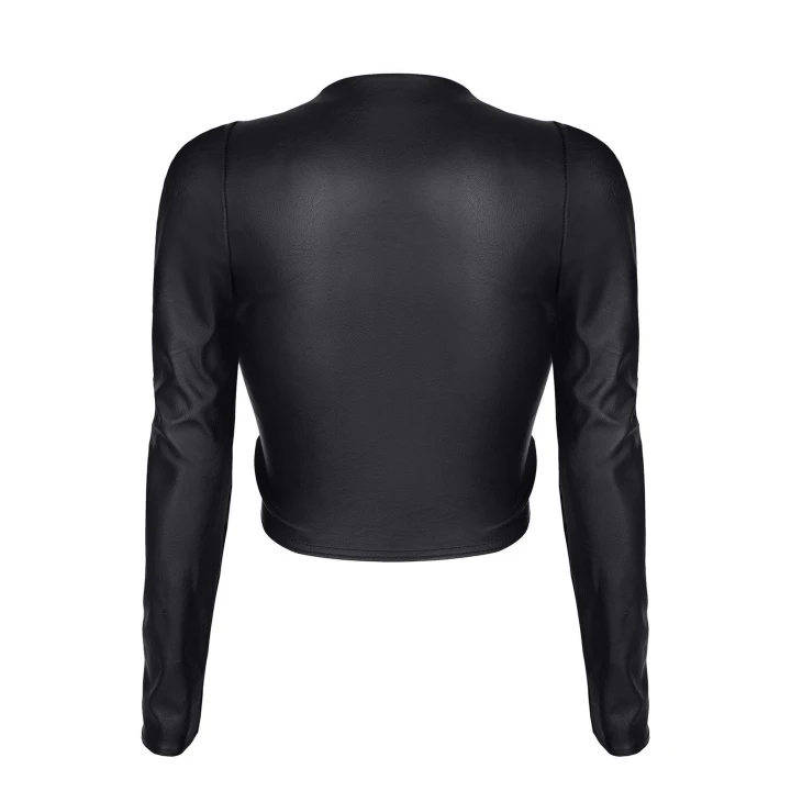 Top elegancki ADRIANA, ekoskóra, długie rękawy, regulowany dekolt, kolor czarny