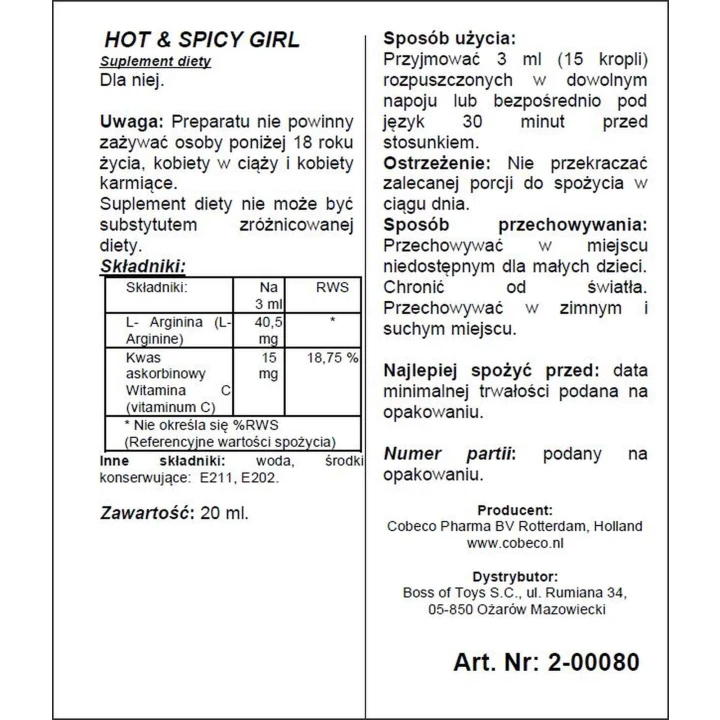 Suplement diety Hot Spicy Girl 20ml – L-arginina, pobudzenie pożądania, poprawa witalności