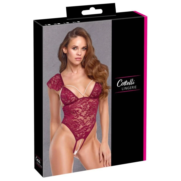 Body String XL - COTTELLI LINGERIE, koronkowe, regulowane ramiączka, bordowe perełki