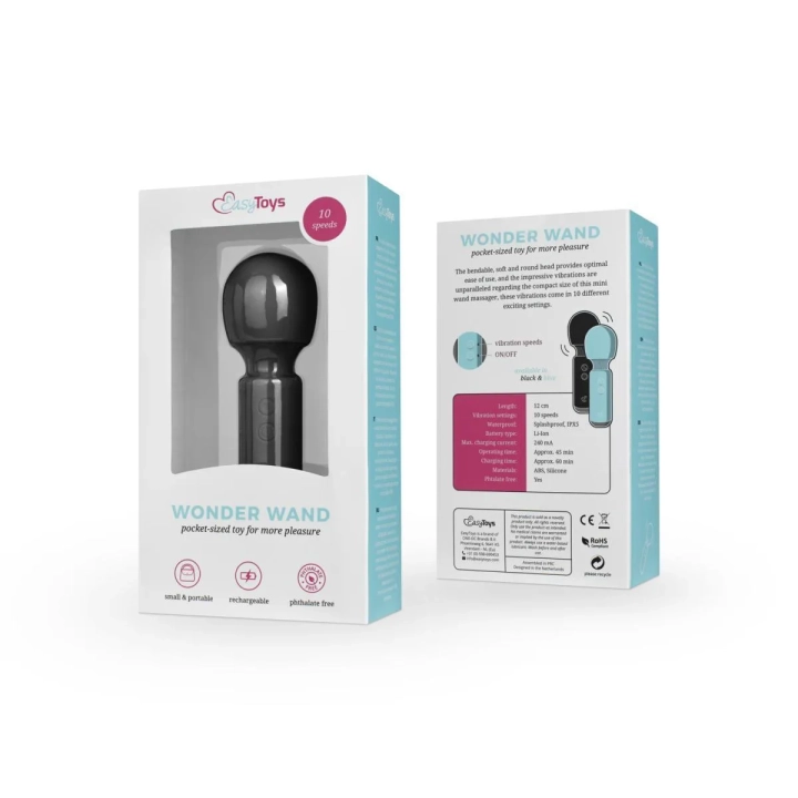 Wibrator różdżkowy - EasyToys, silikonowy, 10 ustawień, wodoodporny, czarny