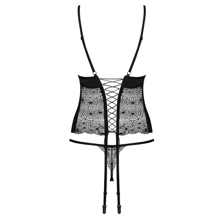 Gorset koronkowy OBSESSIVE, regulowane ramiączka, eleganckie stringi, czarny S/M