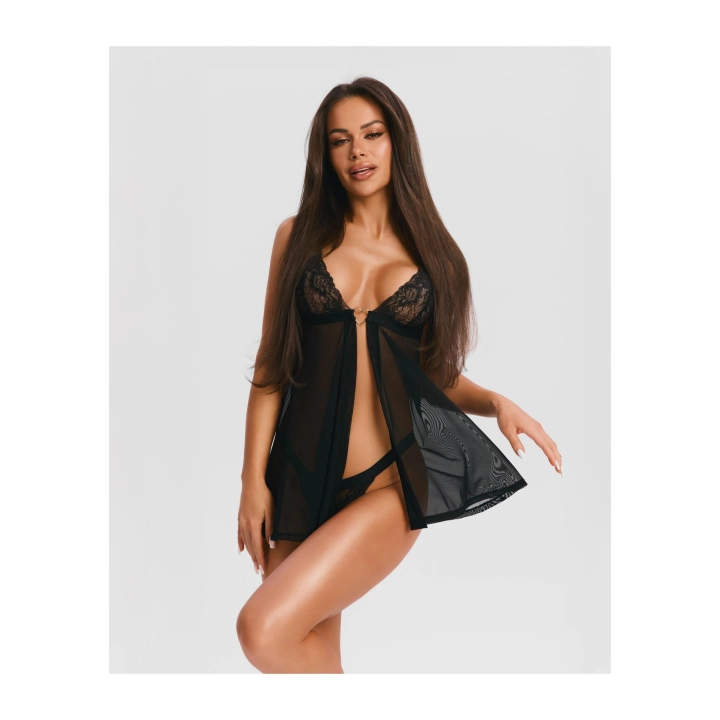 Babydoll OBSESSIVE – babydoll czarne, koronka, ozdobny metalowy łącznik serce