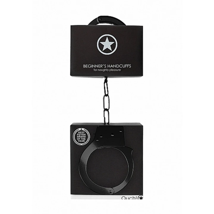 Kajdanki dla poczatkujących - metalowe, czarne, z przyciskiem awaryjnym