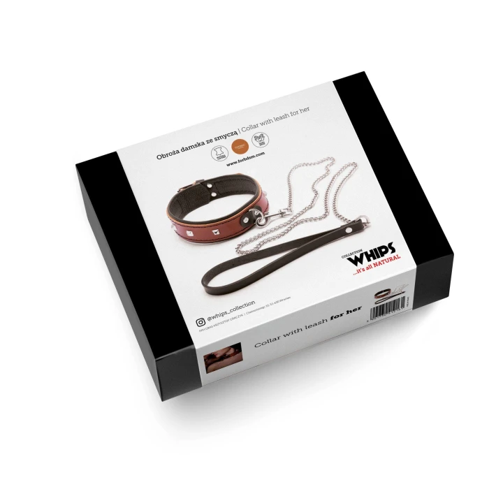 Obroża skórzana WHIPS z regulacją, смяша, długość smyczy 90cm, koniakowa