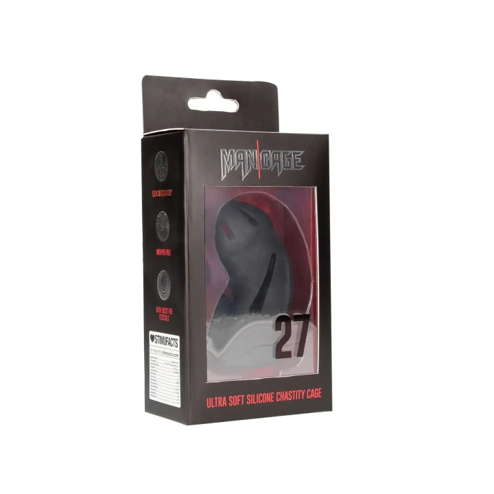 Klatka na penisa, ManCage Model 27, ultra miękki silikon, wodoodporny, czarna