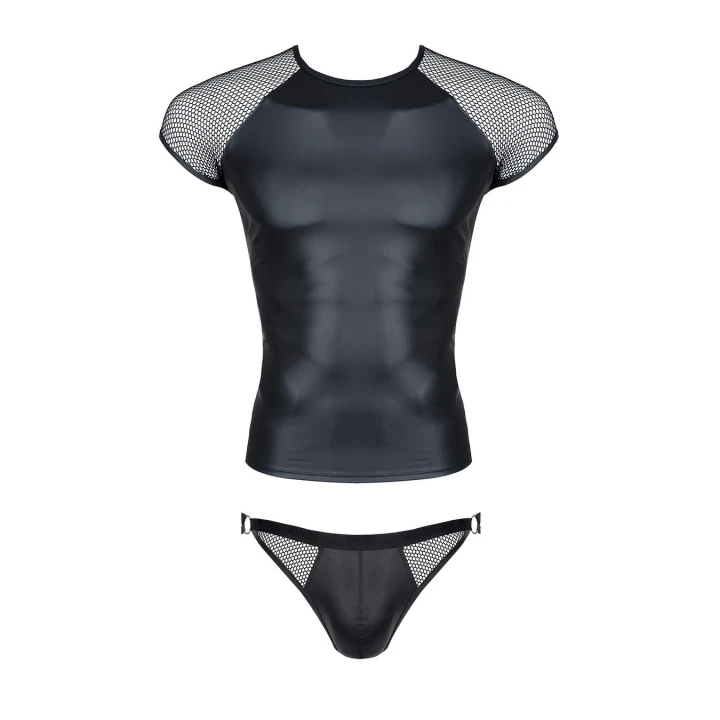 Zestaw bielizny fetish REGNES FETISH PLANET: t-shirt ekoskóra, jockstrap siateczkowy