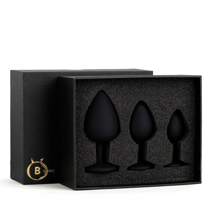 Korek analny – Zestaw Jewellery Silicone PLUG Black, silikon, 3 rozmiary, kryształ rose