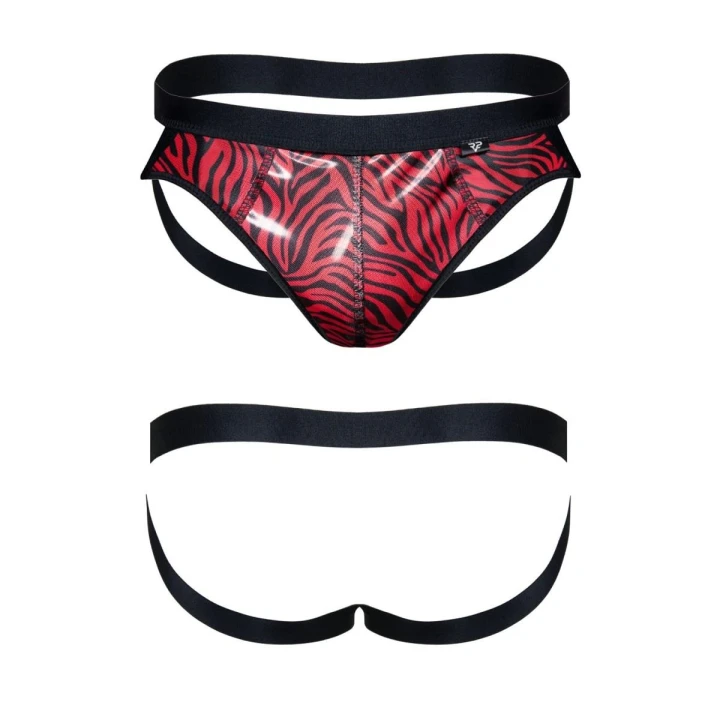 Majtki jockstrap REGNES FETISH PLANET – Czarno-czerwona zebra, elastyczny tiul, błyszczący vinyl