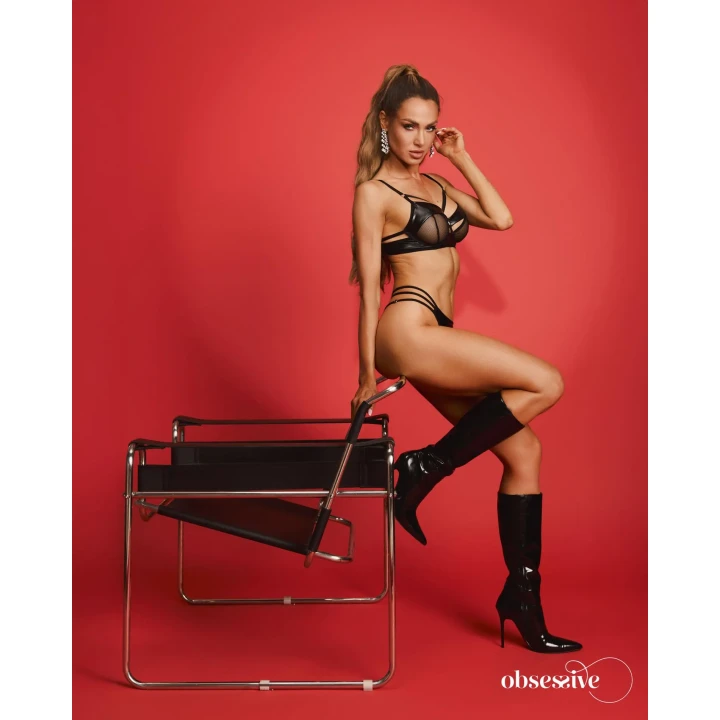 Zestaw bielizny erotycznej OBSESSIVE, imitacja skóry, S/M, biustonosz z fiszbinkami