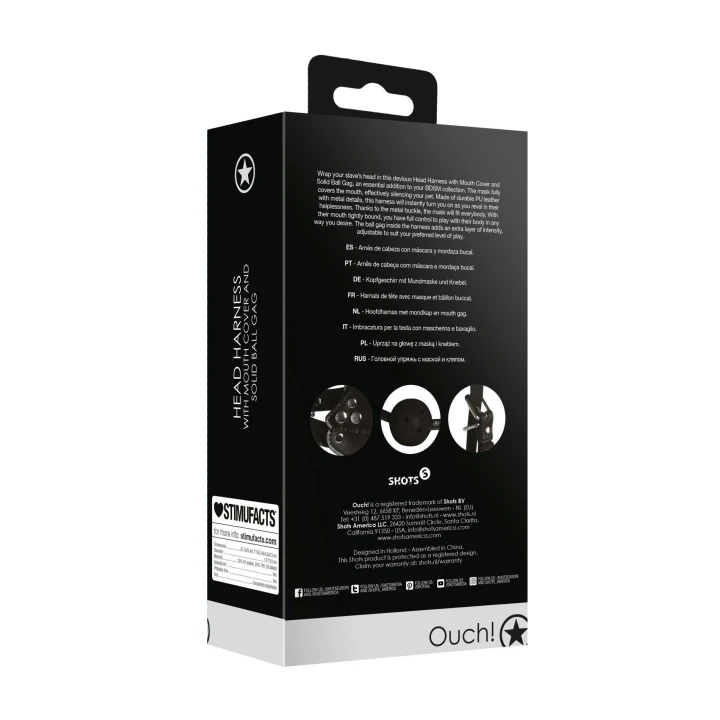 Uprząż BDSM z maską i kulkowym kneblem - Regulowana, skórzana, czarna