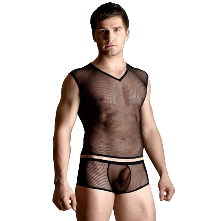 Bielizna damska SOFTLINE COLLECTION - siateczka, koszulka i stringi, czarna, M/L