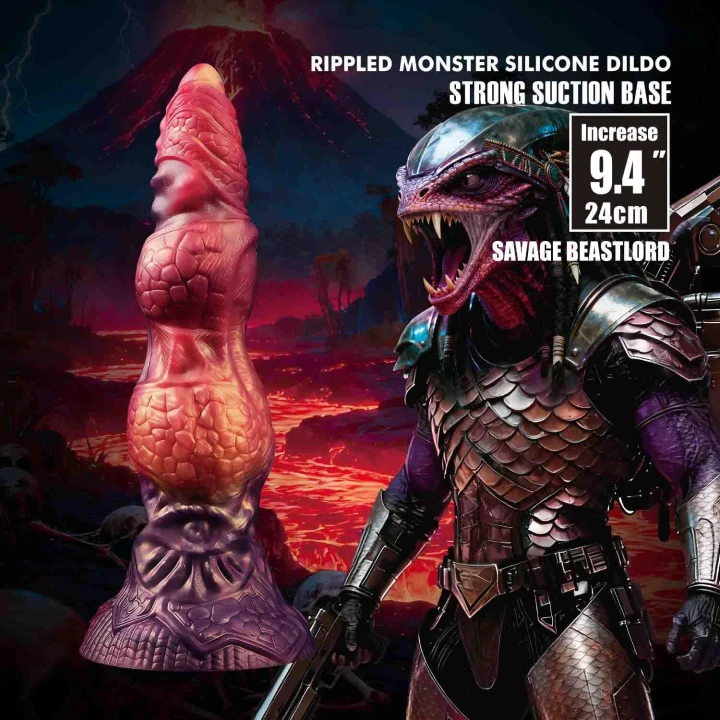 Dildo Power Monsters Savage Beastlord 24 cm, pofalowany silikon, wodoodporny
