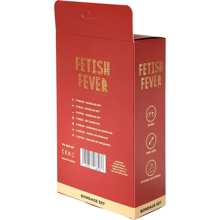 Zestaw do bondage Fetish Fever - 3 elementy, różowo-czarny, mankiety, maska, bicz