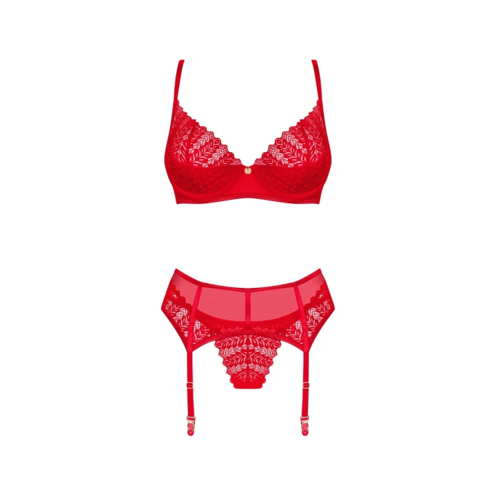 Zestaw bielizny koronkowej OBSESSIVE – biustonosz z fiszbinami, pas do pończoch, stringi M/L
