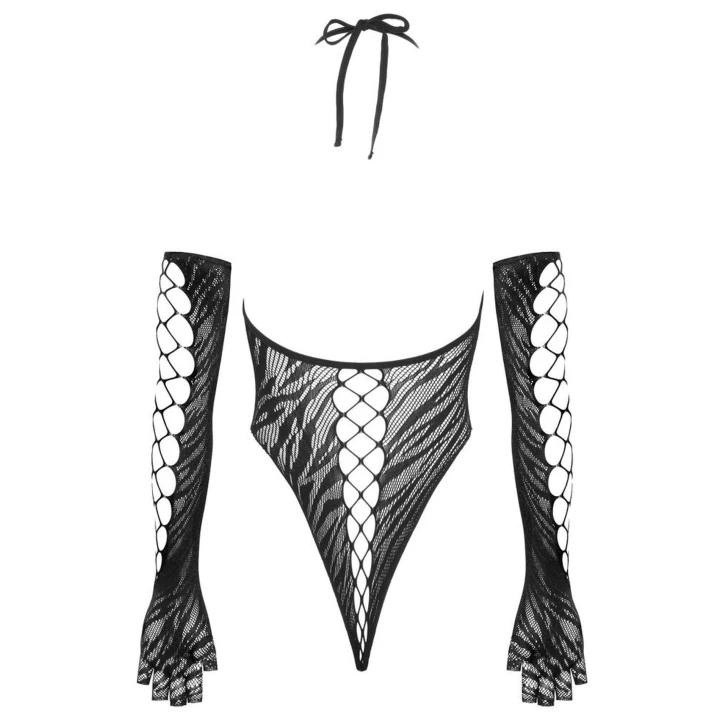 Body Set COTTELLI LINGERIE - Zmysłowe Tygrysie Paski, Halterneck, Długie Rękawiczki