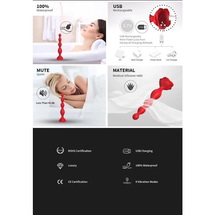Stymulator analny, Rosestick Red - 9 funkcji wibracji, silikon medyczny, 10,2 cm