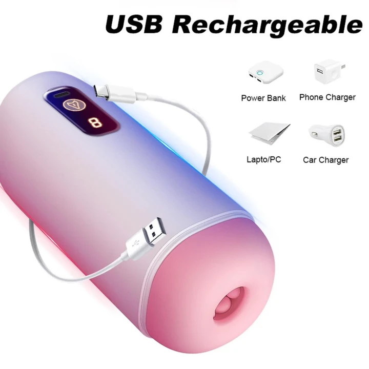 Masturbator USB Rechargeable, 8 funkcji wibracji, 18 cm długości, 6,5 cm średnicy