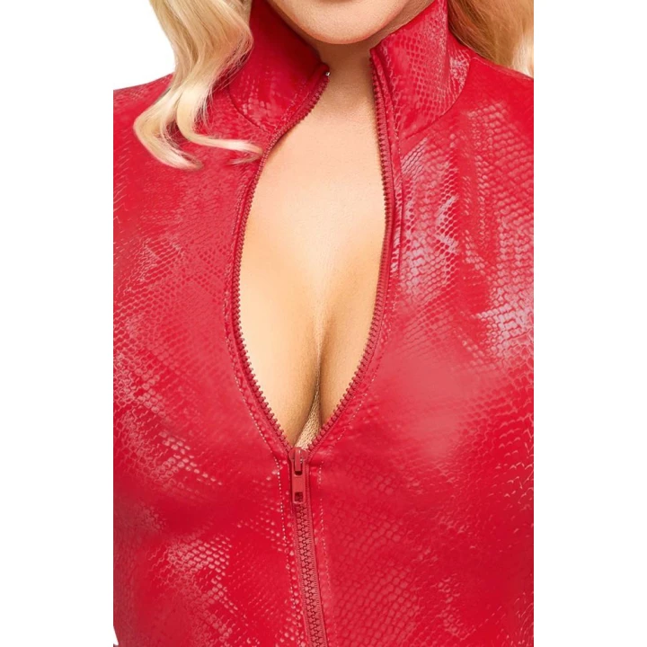 Sukienka COTTELLI PARTY - Krótka, Obcisła, Czerwona Skóra Węża, Długie Rękawy