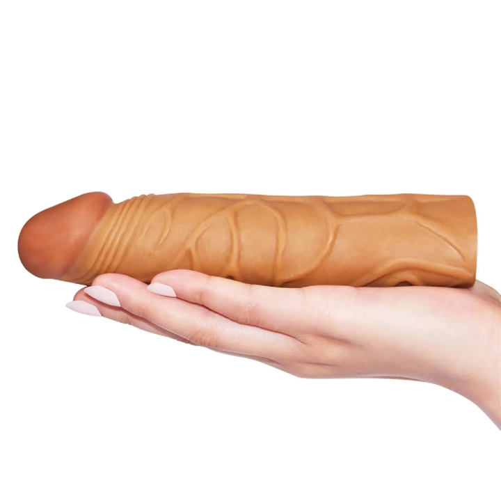Rękaw penisa Pleasure X, przedłużający o 1 cal, realistyczny, brązowy, TPE