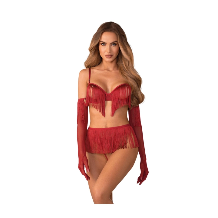 Komplet bielizny OBSESSIVE — otwarty biustonosz, crotchless, pas w talii (czerwony)