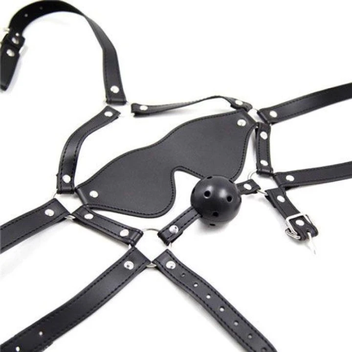 Uprząż do twarzy z maską na oczy i kneblem, Ekoskóra, Total Head Harness Restraint