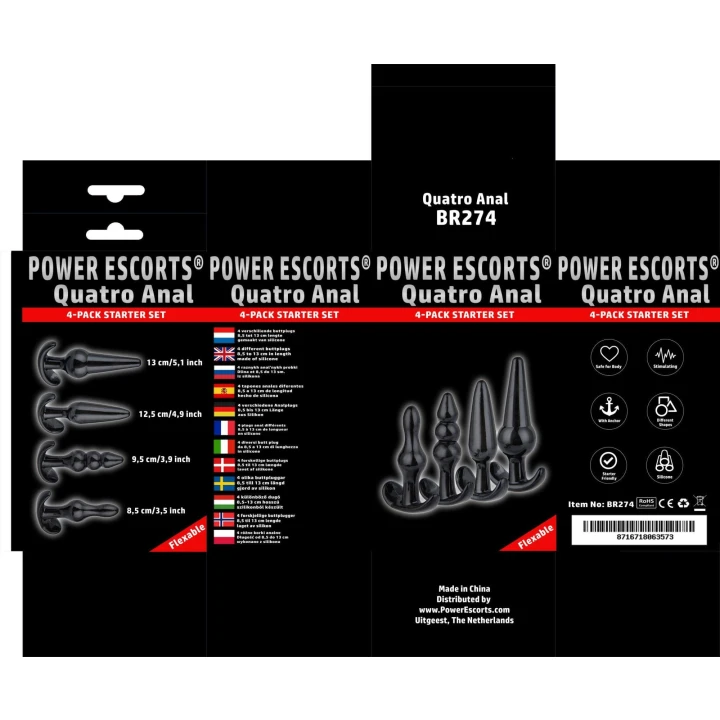 Zatyczki analne Power Escorts Quatro – 4 różne rozmiary, elastyczne, czarne