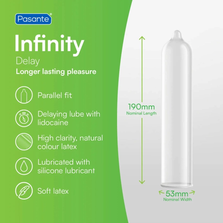 Prezerwatywy Pasante Delay Infinity — Lidokaina 1%, szer. nominalna 53 mm, dł. 190 mm
