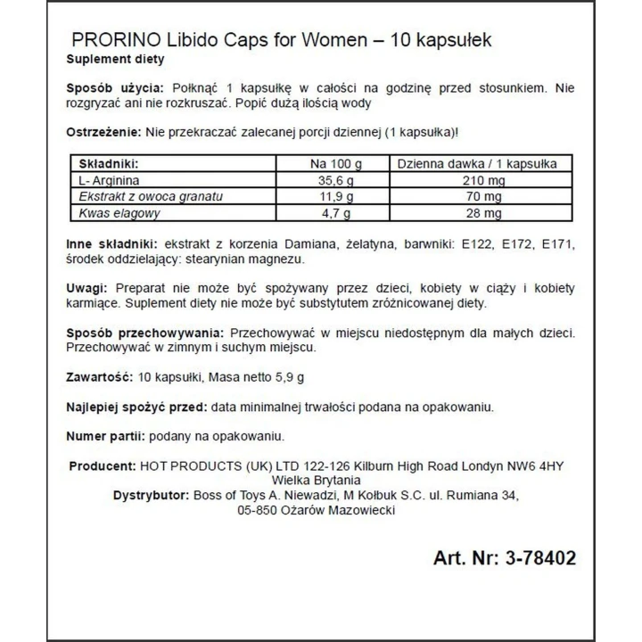 Suplement diety - PRORINO Women - 10 kapsułek, naturalne wsparcie libido kobiet