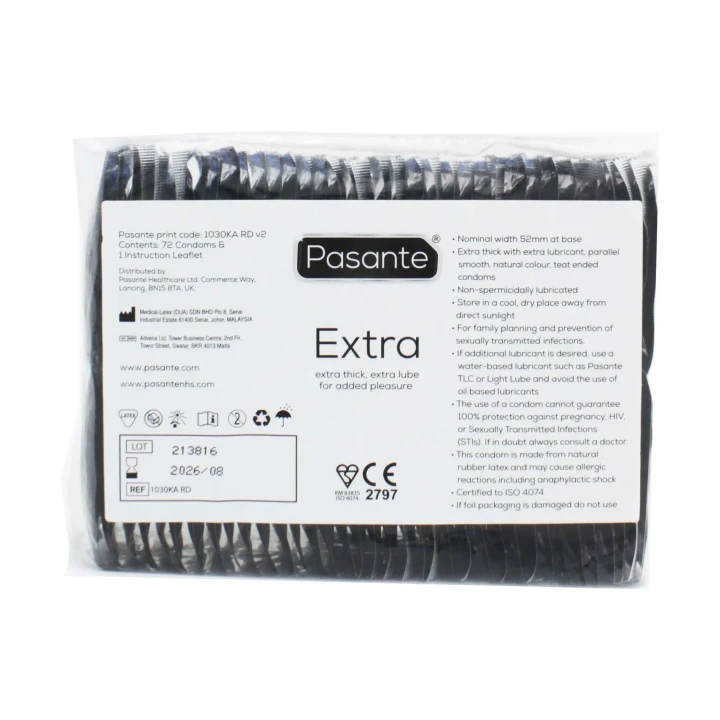 Prezerwatywy Pasante Extra 144 szt. - Grubsze, z dodatkowym nawilżeniem, 190 mm x 52 mm