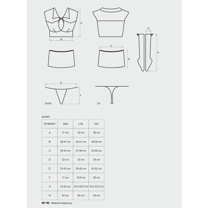 Kostium uczennicy S/M – 4 części, elastyczny materiał, bordowa spódniczka