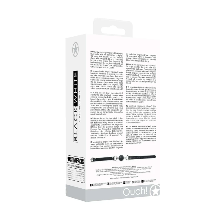 Knebel typu ball gag Ouch! - skórzane taśmy, regulacja rozmiaru, uniwersalny rozmiar