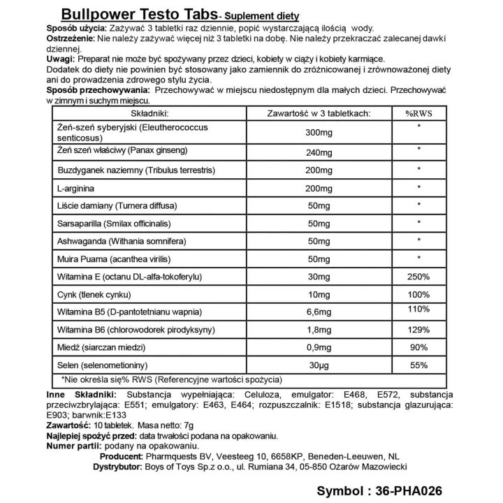 Tabletki Stymulujące Bull Power Testo - Naturalne Ekstrakty, Wzmocnienie Erekcji