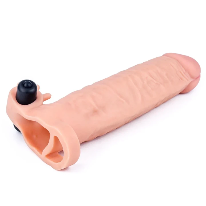 Rękaw przedłużający penisa Vibrating Pleasure X, 2 cale, wibracje, TPE, cielisty