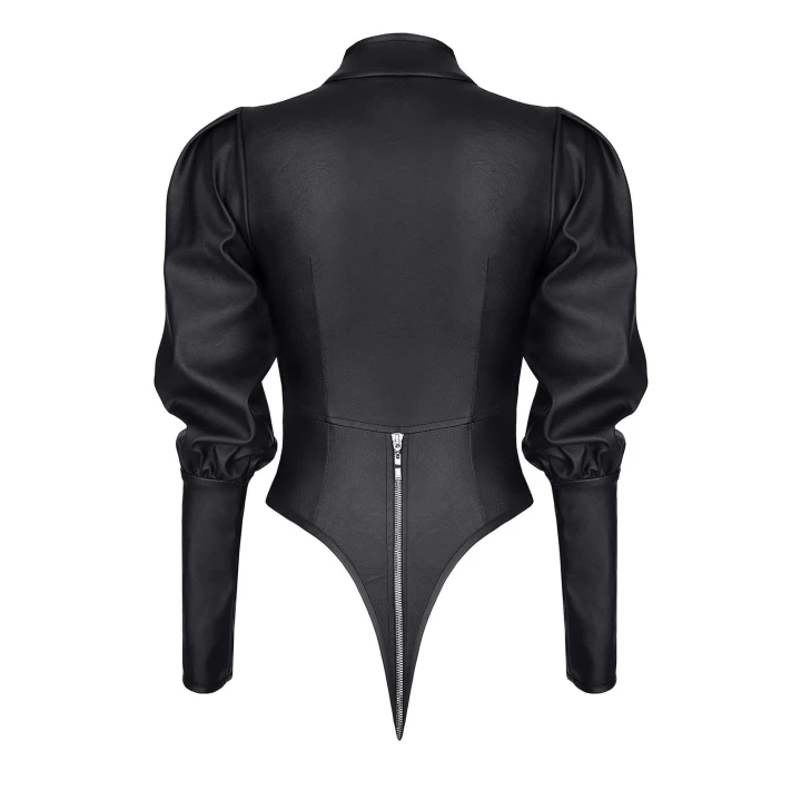 Body DEMONIQ - czarna ekoskóra, długie rękawy, srebrny zamek błyskawiczny