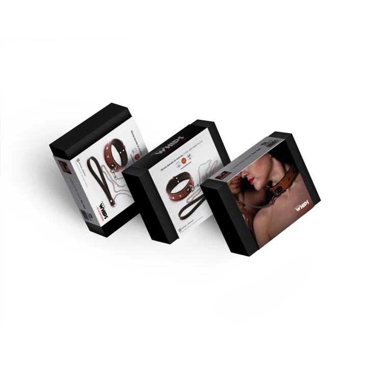 Obroża skórzana WHIPS z regulacją, смяша, długość smyczy 90cm, koniakowa