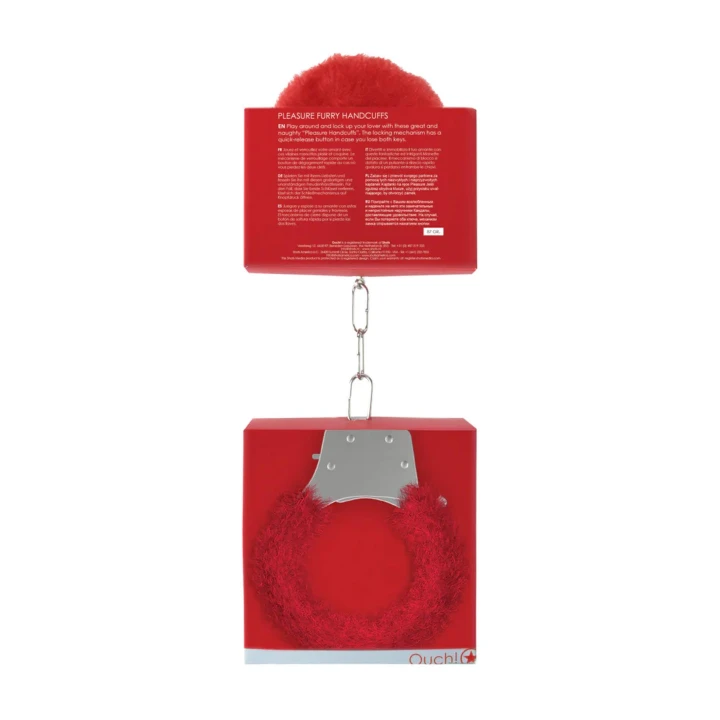 Kajdanki Furry - Red - 29 cm długości, z faux fur i ze stali, komfortowe unieruchomienie
